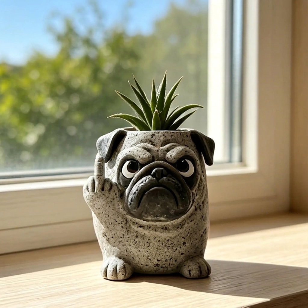 The Grumpy Planter - Grumpy Pug on windowsill