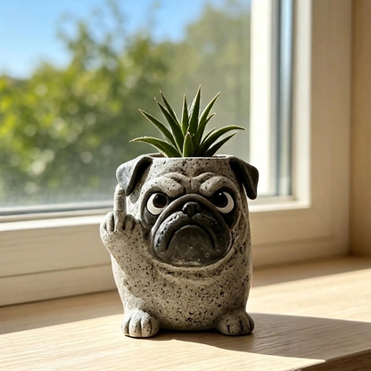 The Grumpy Planter - Grumpy Pug on windowsill